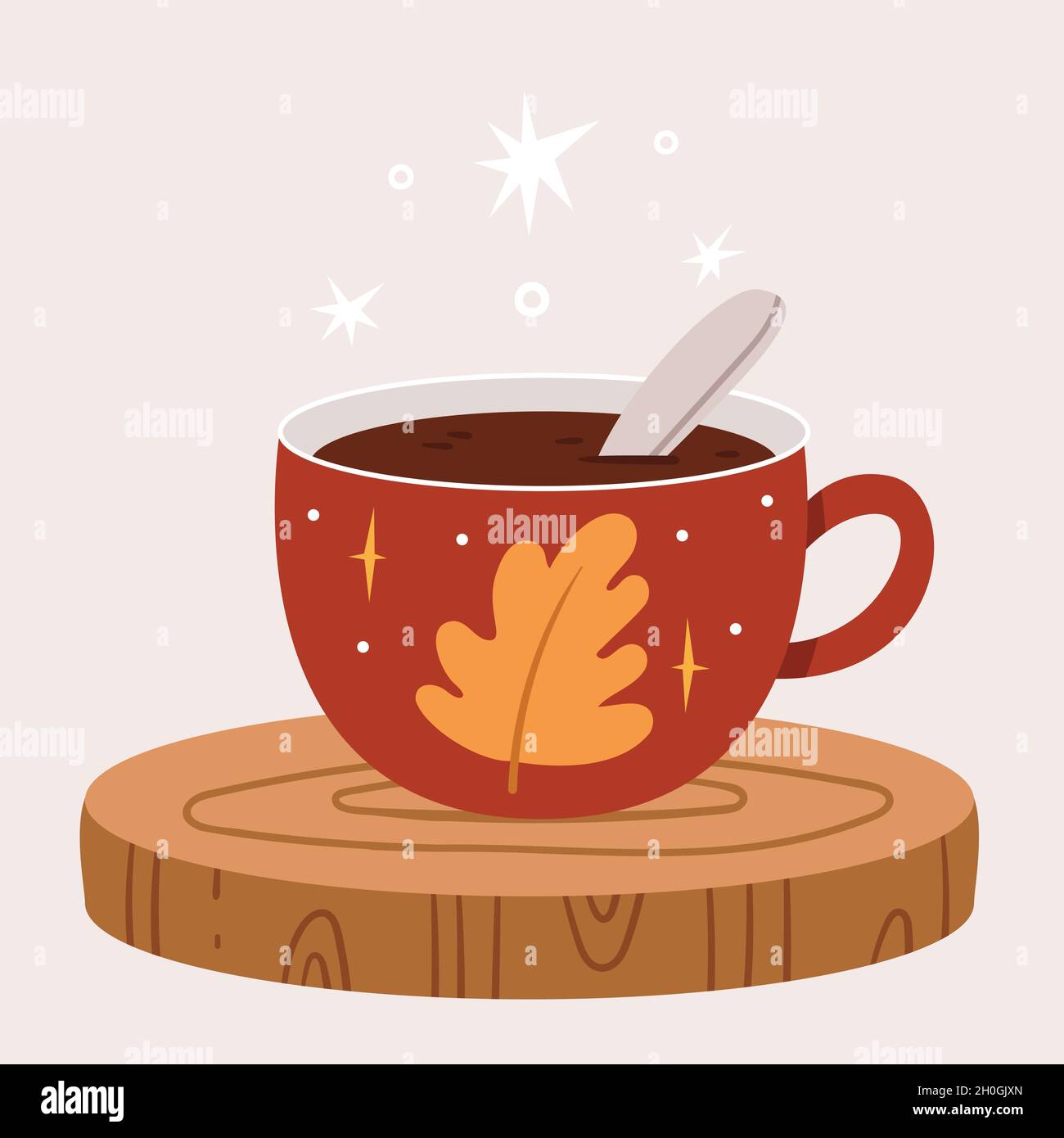 Une tasse rouge d'automne avec une feuille de chêne se dresse sur une coupe de bois. Illustration de Vecteur