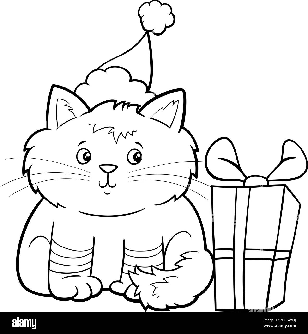 Dessin Anime Noir Et Blanc De Chat Ou De Chaton Caractere Animal Avec Le Present Sur La Page De Livre De Coloriage Temps De Noel Image Vectorielle Stock Alamy