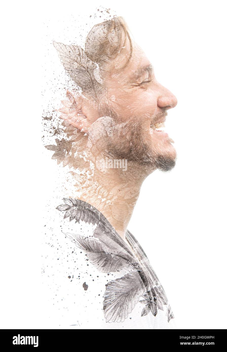 Peinture.Portrait créatif d'un homme élégant qui rit à voix haute Banque D'Images