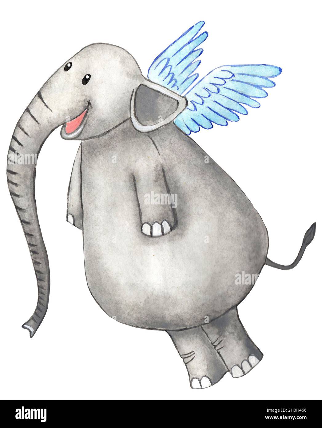 Un éléphant joyeux avec des ailes derrière son dos et un long tronc.Illustration puérile dessinée à la main.Isolé sur un fond blanc. Banque D'Images