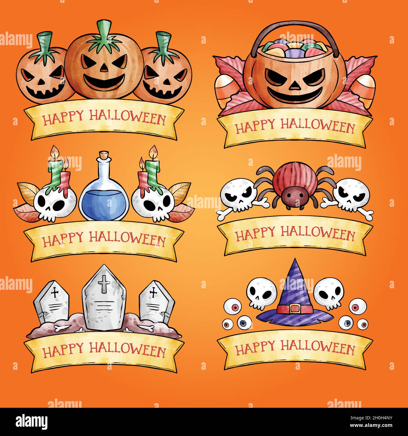 aquarelle halloween étiquette collection illustration de la conception vectorielle Illustration de Vecteur