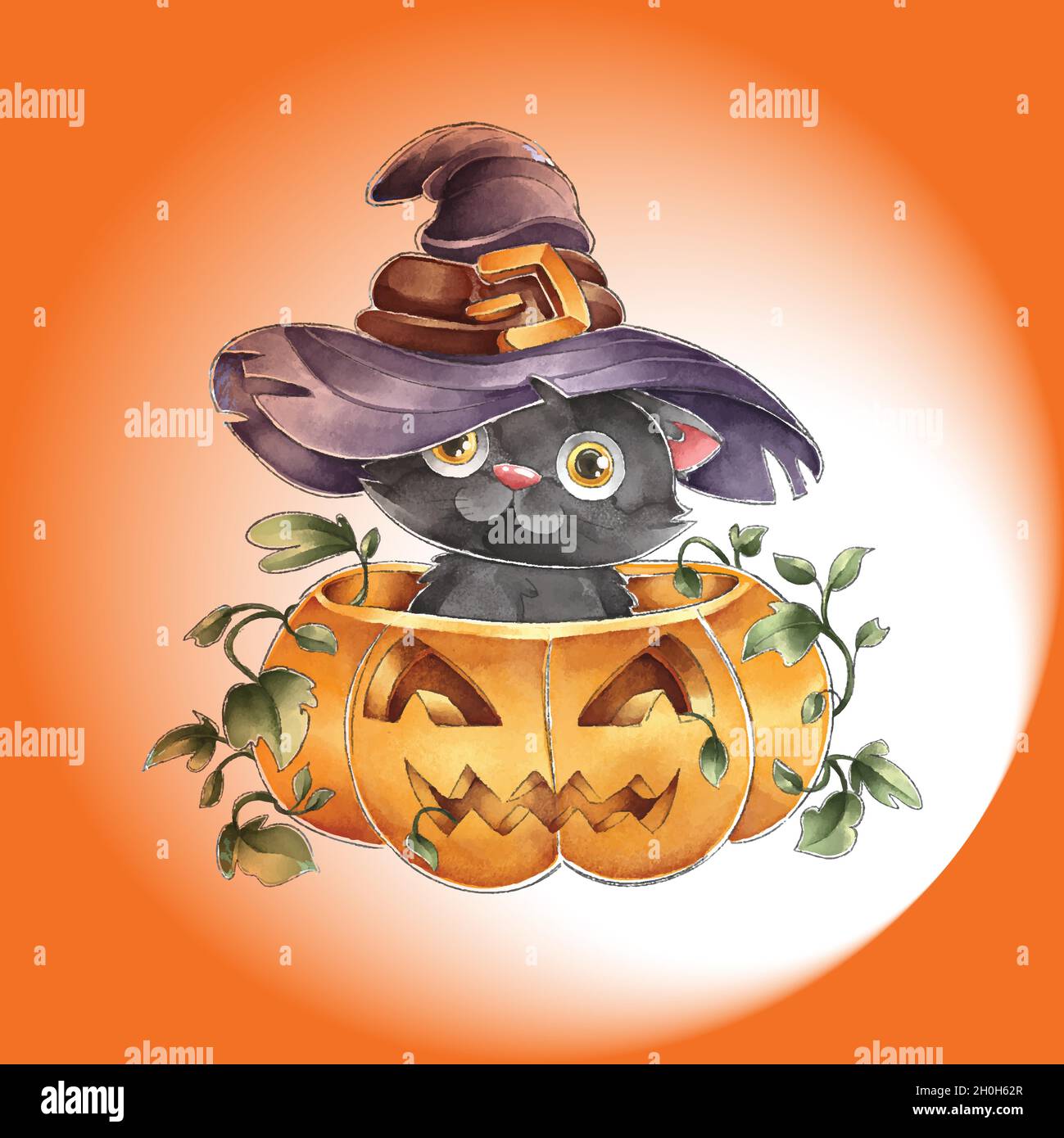 joli aquarelle halloween chat noir avec chapeau de sorcière dessin vectoriel Illustration de Vecteur
