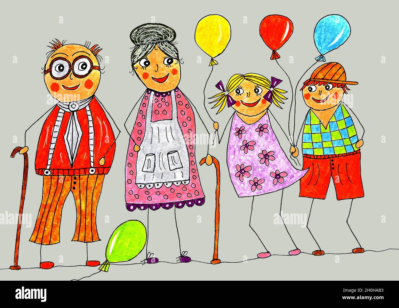 Illustration naïve, figurines, grands-parents et petits-enfants Banque D'Images