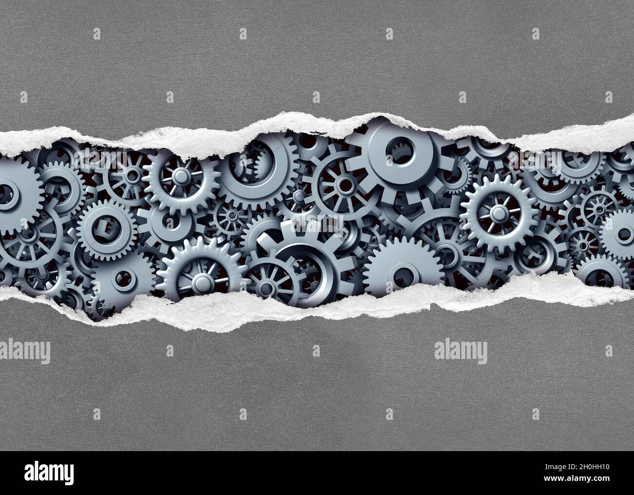 Concept d'affaires de fonctionnement interne comme l'intérieur avec le papier déchiré exposant les roues dentées cachées et découvrir le mécanisme de roue d'engrenage. Banque D'Images