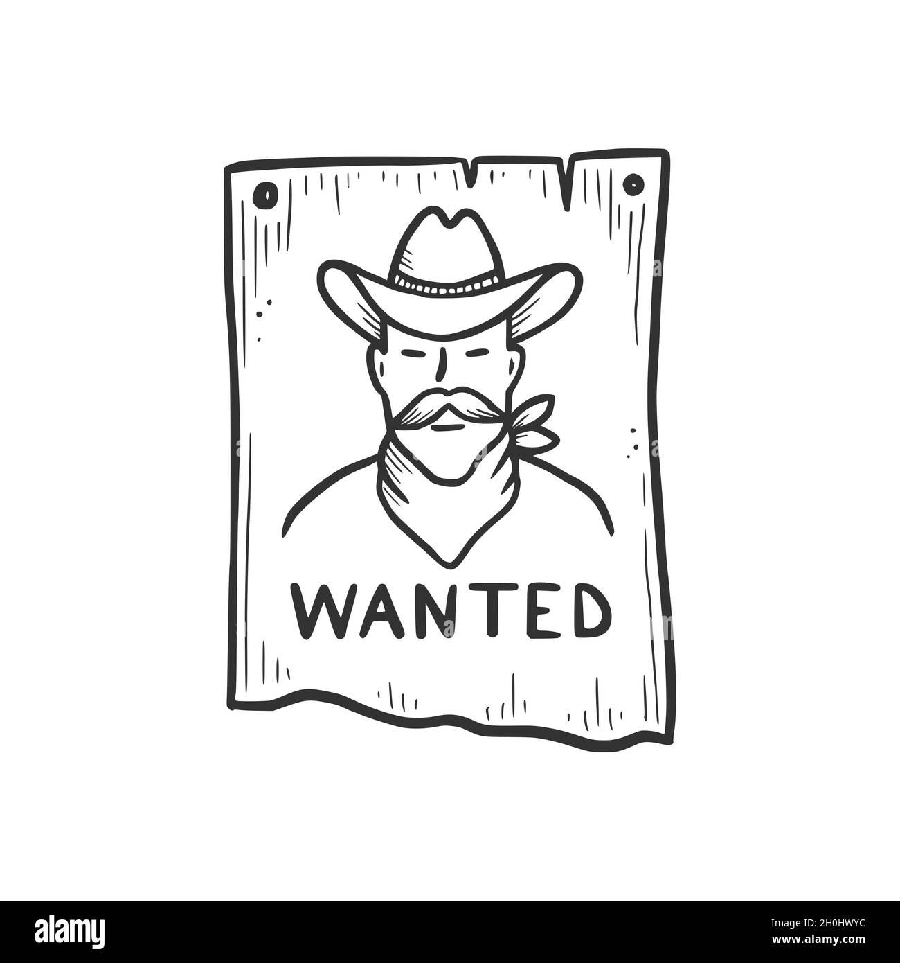 Bandit cowboy dessiné à la main élément voulu.Style d'esquisse de la bande dessinée.Cowboy bandit, icône du concept occidental.Illustration vectorielle isolée. Illustration de Vecteur
