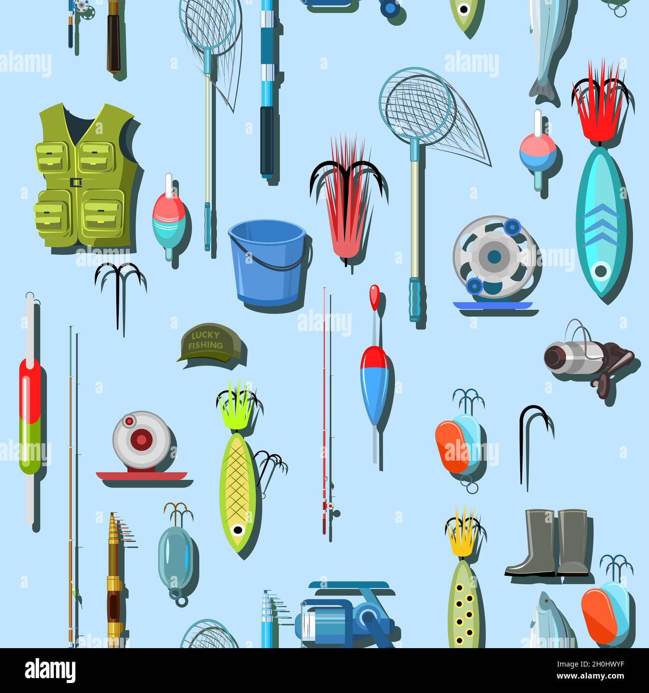 Marchandises pour la pêche.Équipement et accessoires pour les loisirs et la chasse sur les réservoirs.Isolé sur fond blanc.Vente de cannes à pêche et de vêtements Illustration de Vecteur