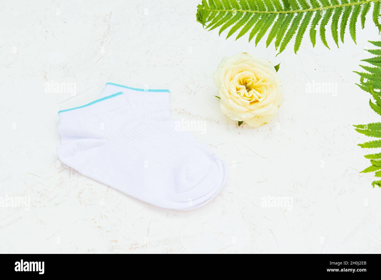 Chaussettes blanches avec fougères sur fond blanc. Banque D'Images