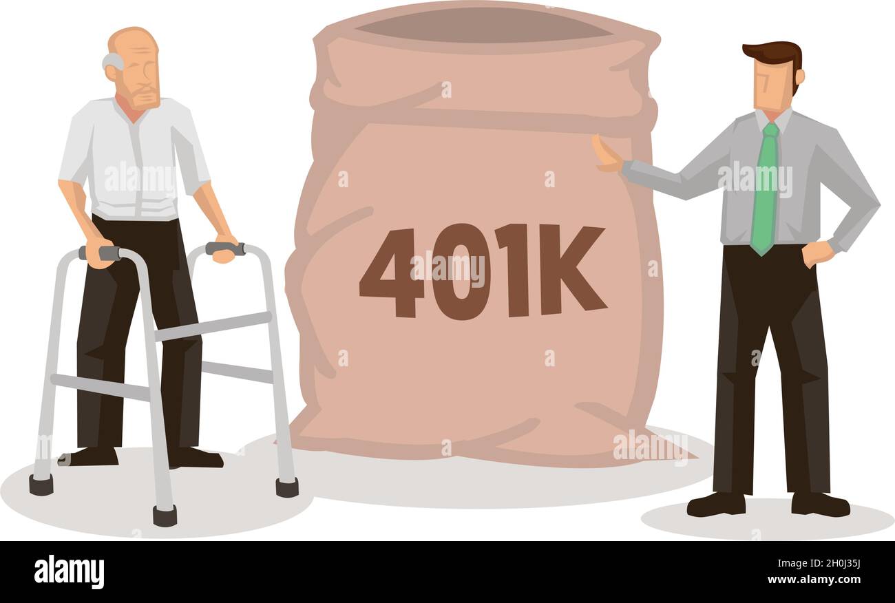 Un homme âgé âgé de plus en plus avec un sac de dollars pour sa retraite.Fonds commun de retraite, épargne 401k ou Roth IRA.Concept de retraite et de liberté financière Illustration de Vecteur