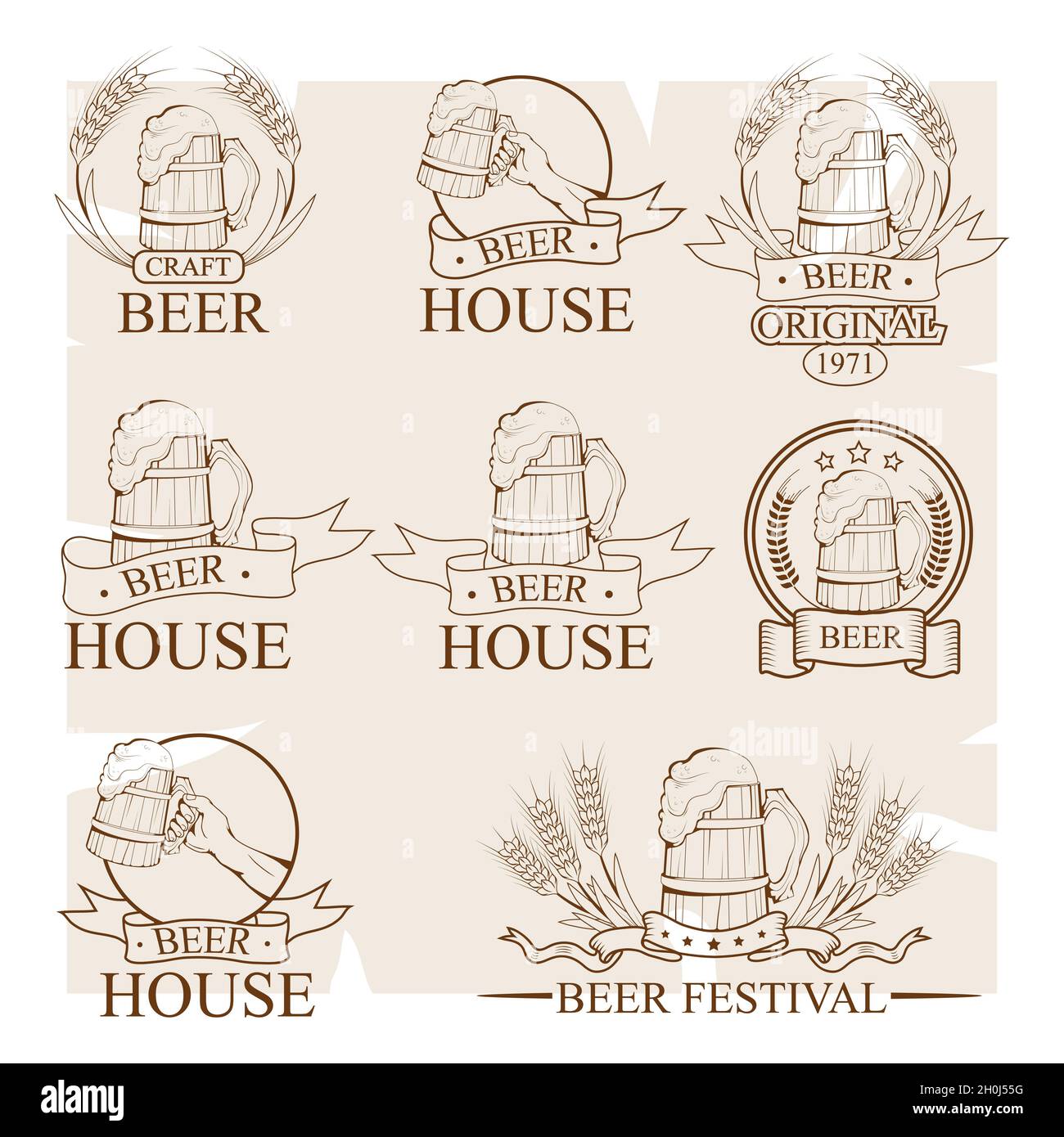 tasse de bière, logo de bière, emblème alcoolique, logo divers de boisson rafraîchissante, ensemble de bière fraîche avec mousse, vente de festival, boisson bavaroise traditionnelle, Illustration de Vecteur