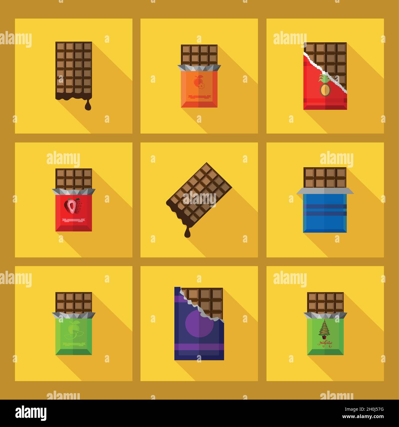 barre de chocolat, chocolat noir dans le paquet, sucreries, divers délicieux bonbons pour la boutique, ensemble de différents chocolat avec une ombre longue, plat desi Illustration de Vecteur