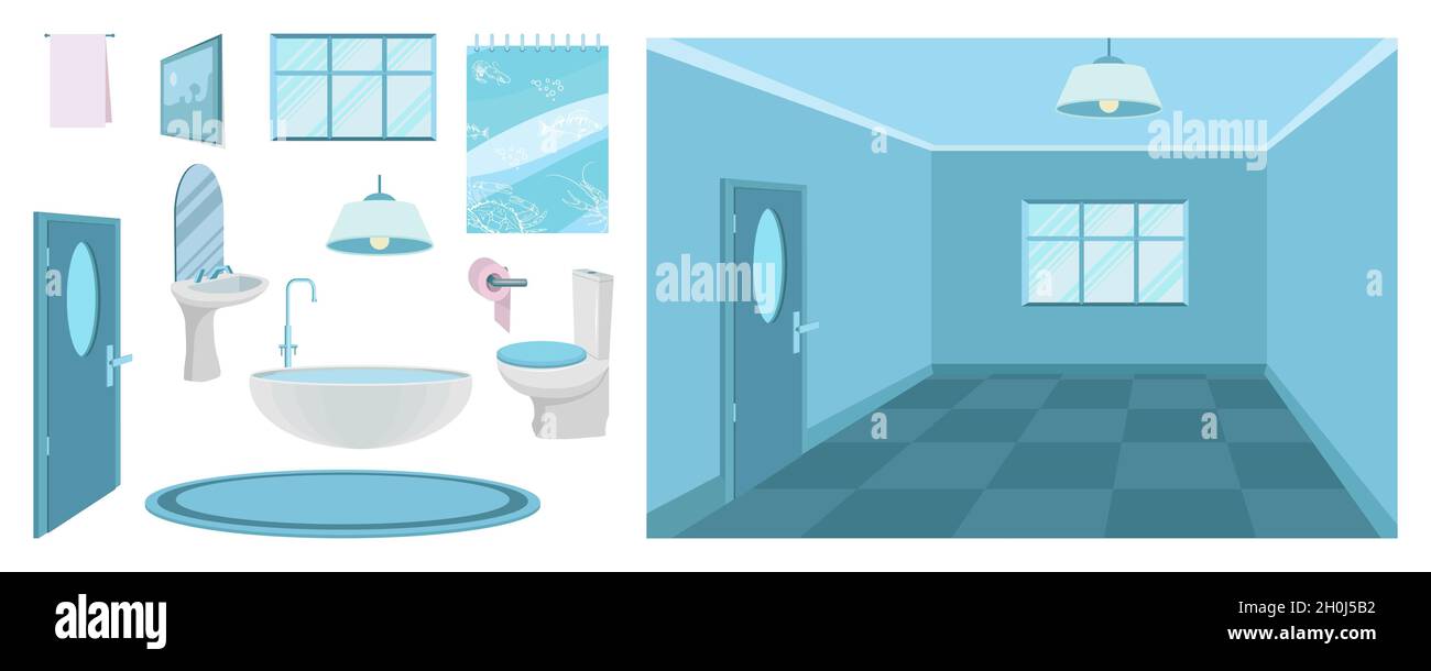 intérieur de salle de bain moderne, 3d, design de salle de bain, intérieur de la chambre en bleu, éléments pour créer une salle de bain, salle de douche, design plat, vecteur graphi Illustration de Vecteur