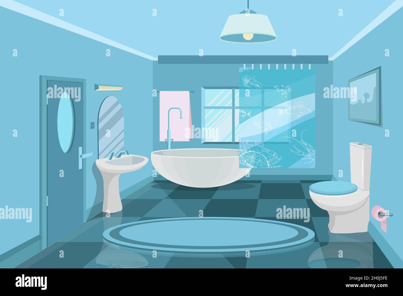 intérieur de salle de bain moderne, 3d, design de salle de bain, intérieur de la chambre en bleu, éléments pour créer une salle de bain, salle de douche, design plat, vecteur graphi Illustration de Vecteur