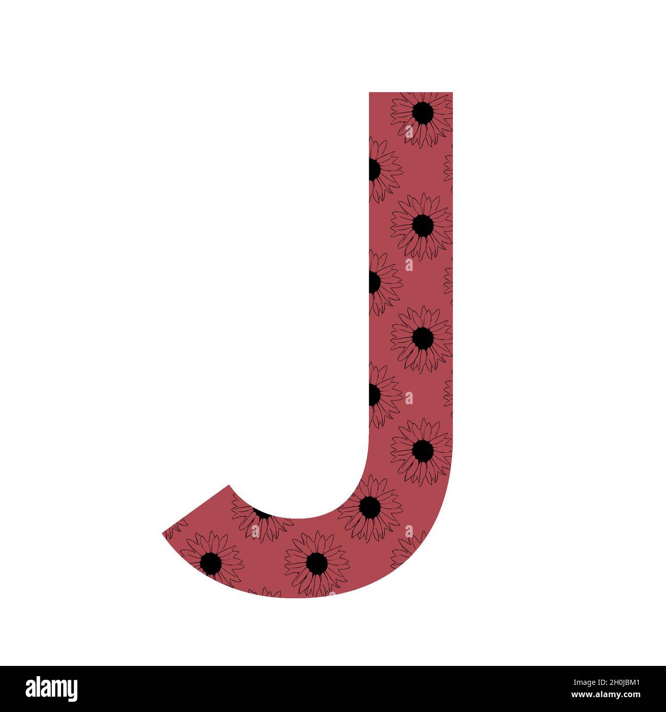 Lettre J de l'alphabet faite avec un motif de tournesols avec un fond rose foncé, isolé sur un fond blanc Banque D'Images