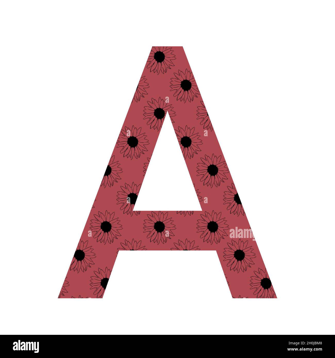 Lettre A de l'alphabet avec un motif de tournesols avec un fond rose foncé, isolé sur un fond blanc Banque D'Images