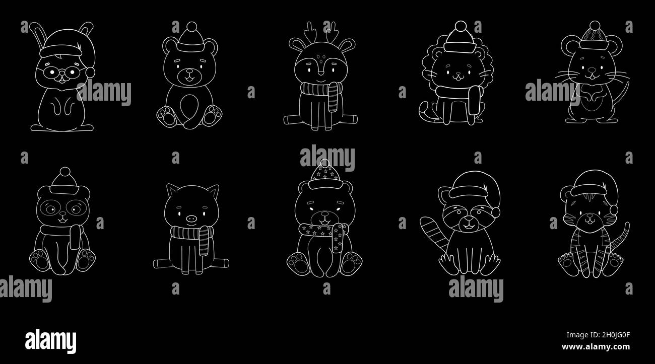 ensemble de craie mignon contour animaux de noël Illustration de Vecteur
