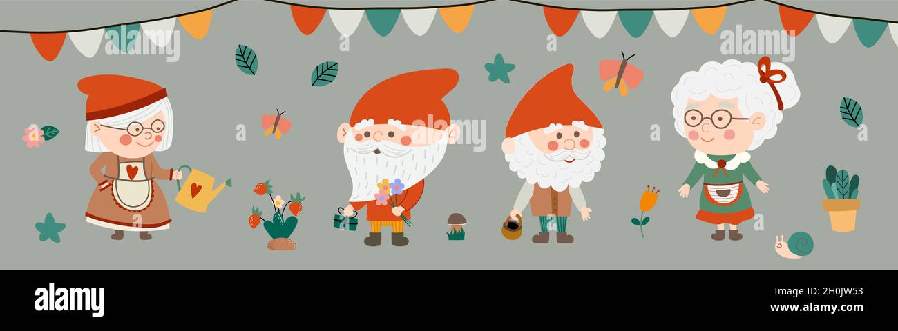 Ensemble mignon de petits gnomes plats dessinés à la main Illustration de Vecteur