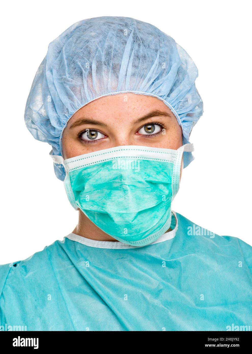 jeune infirmière de salle d'opération avec masque chirurgical et capuchon d'infirmière Banque D'Images