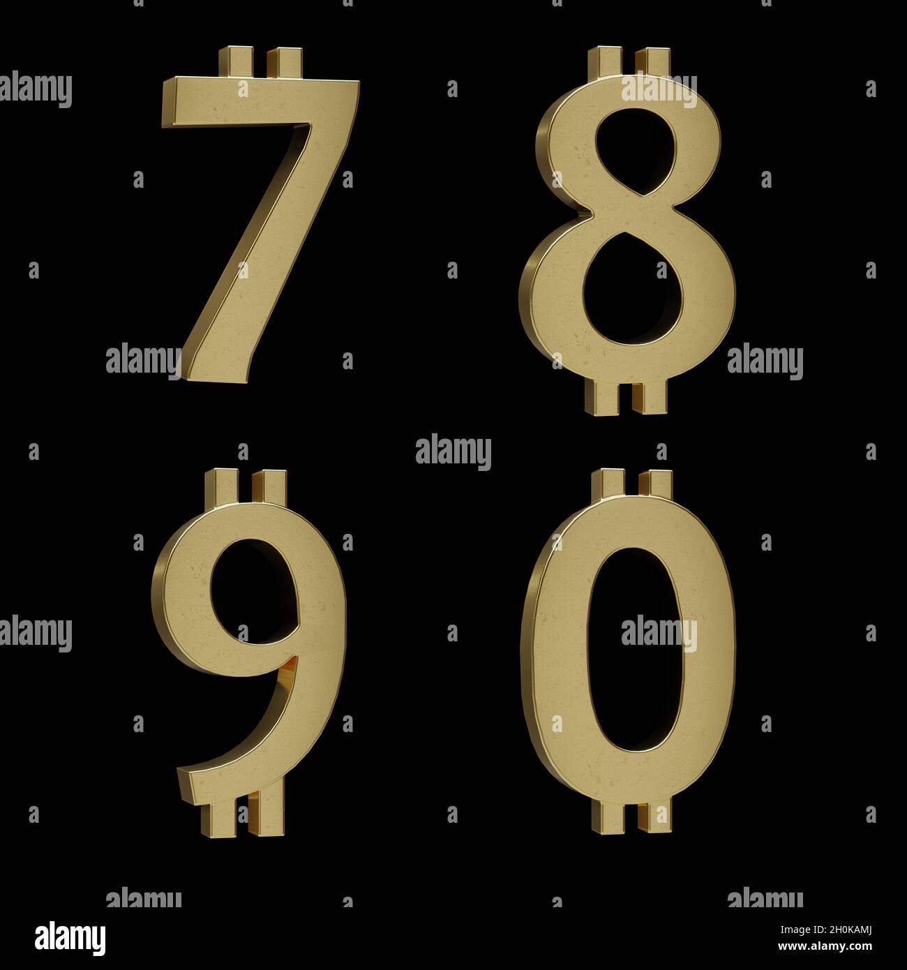 Rendu 3D de l'alphabet Bitcoin en métal doré sur fond noir - chiffres 7-0 Banque D'Images