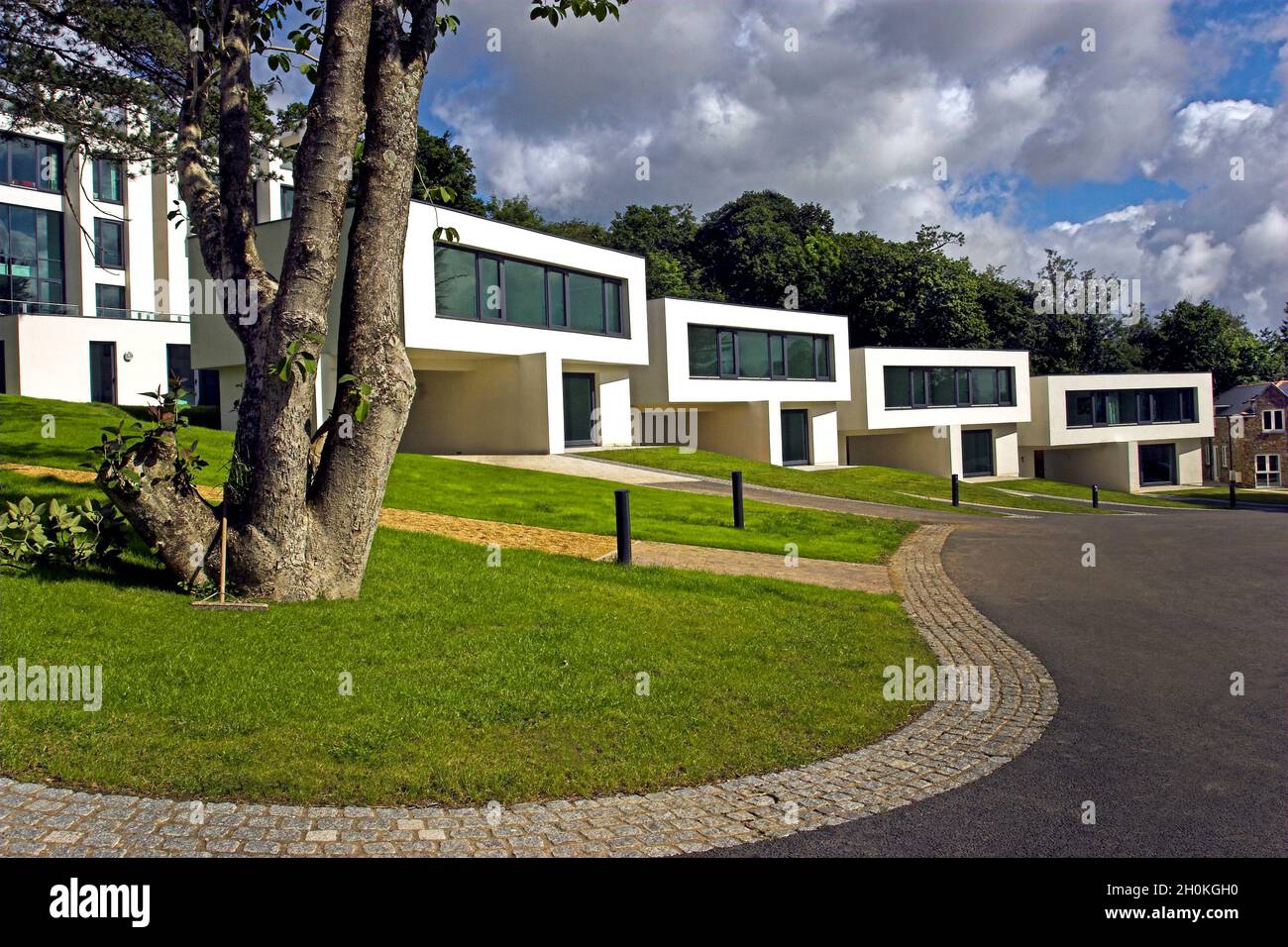 Logement moderne contemporain avec grandes fenêtres rectangulaires, espace copie, herbe verte, tarmac, route avec courbe Château de Clyne développement BlackPill Swans Banque D'Images