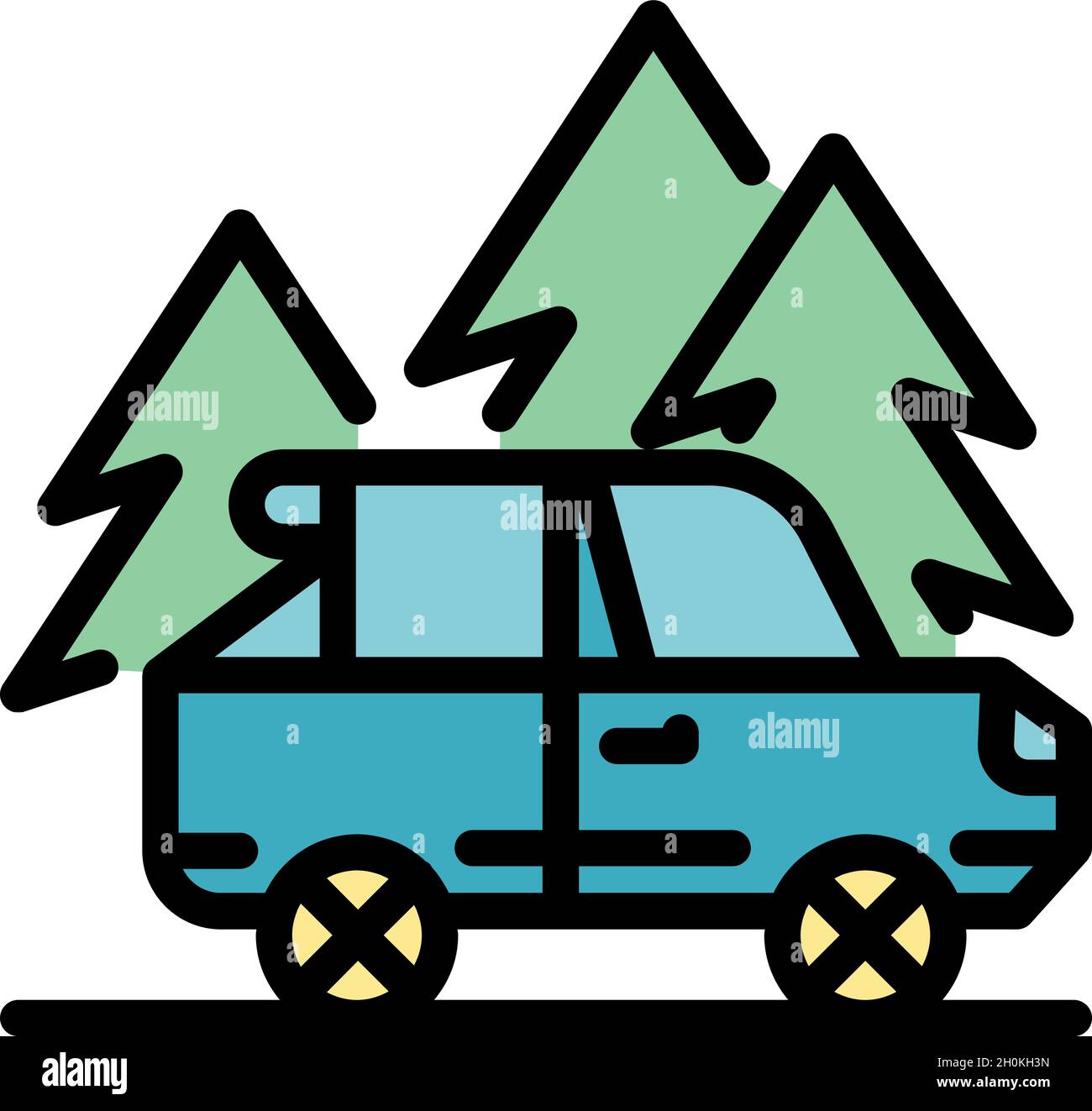 Icône de voyage en voiture dans la forêt.Contour forêt montagne voiture voyage vecteur icône couleur plat isolé Illustration de Vecteur