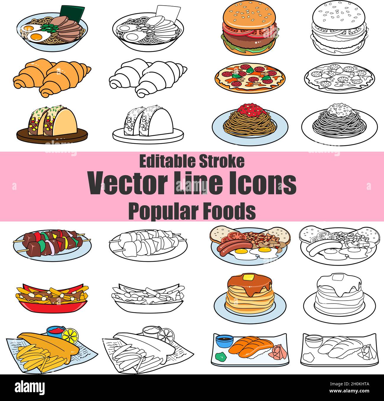 Icônes de ligne vectorielle de contour modifiables - Popular Foods Pack Illustration de Vecteur