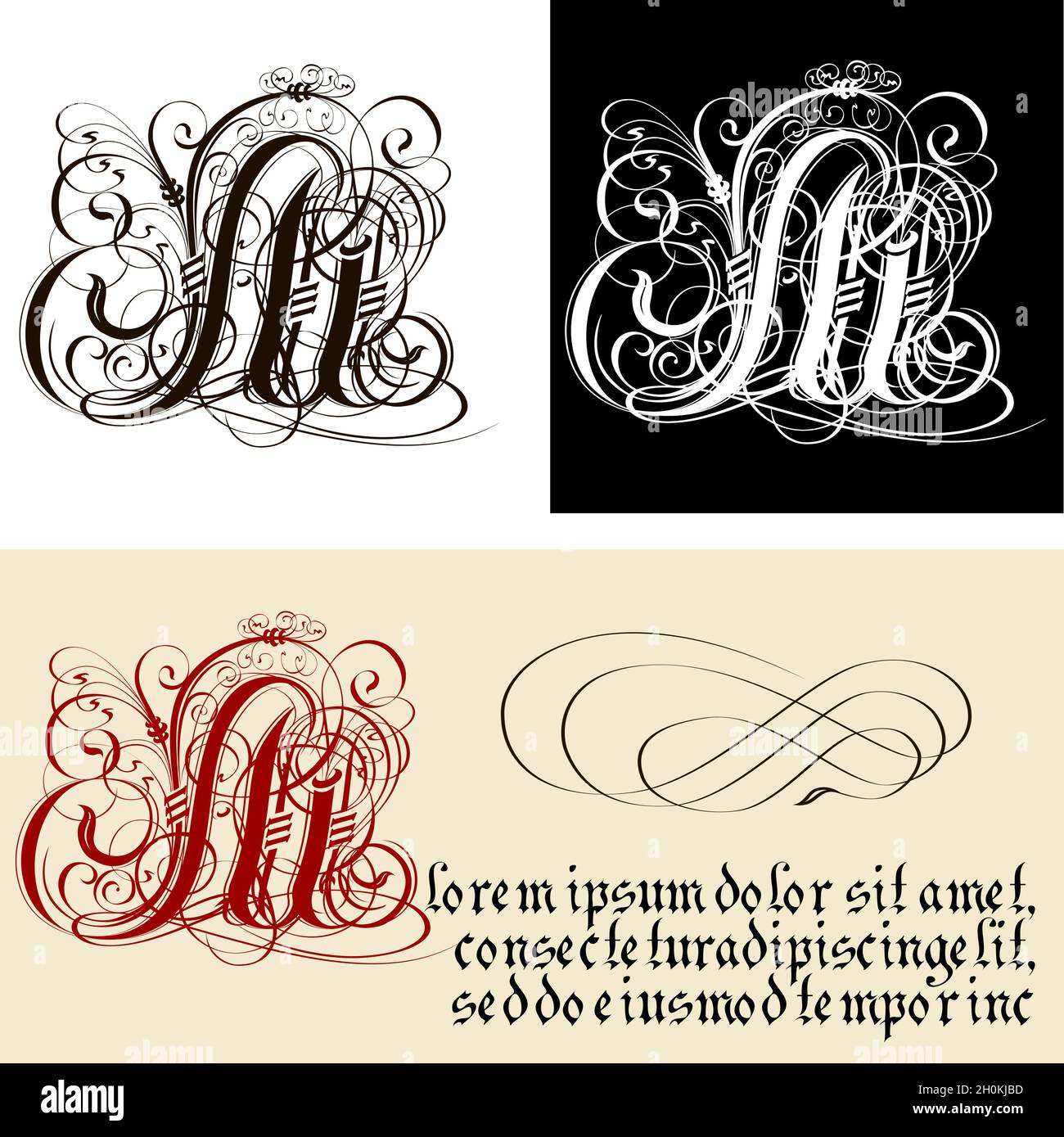 Décoration gothique lettre M. uncial Fraktur calligraphie.Vector EPS-8 séparé par des groupes et des calques pour une édition facile. Illustration de Vecteur