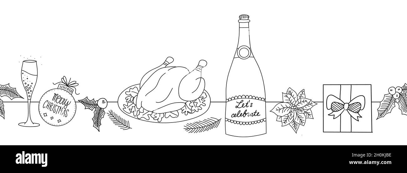 Fête fête sans couture bordure dessin à la main art ligne noël fêtes icônes vecteur.Tableau de Thanksgiving noir blanc dessin de contour se répétant Illustration de Vecteur