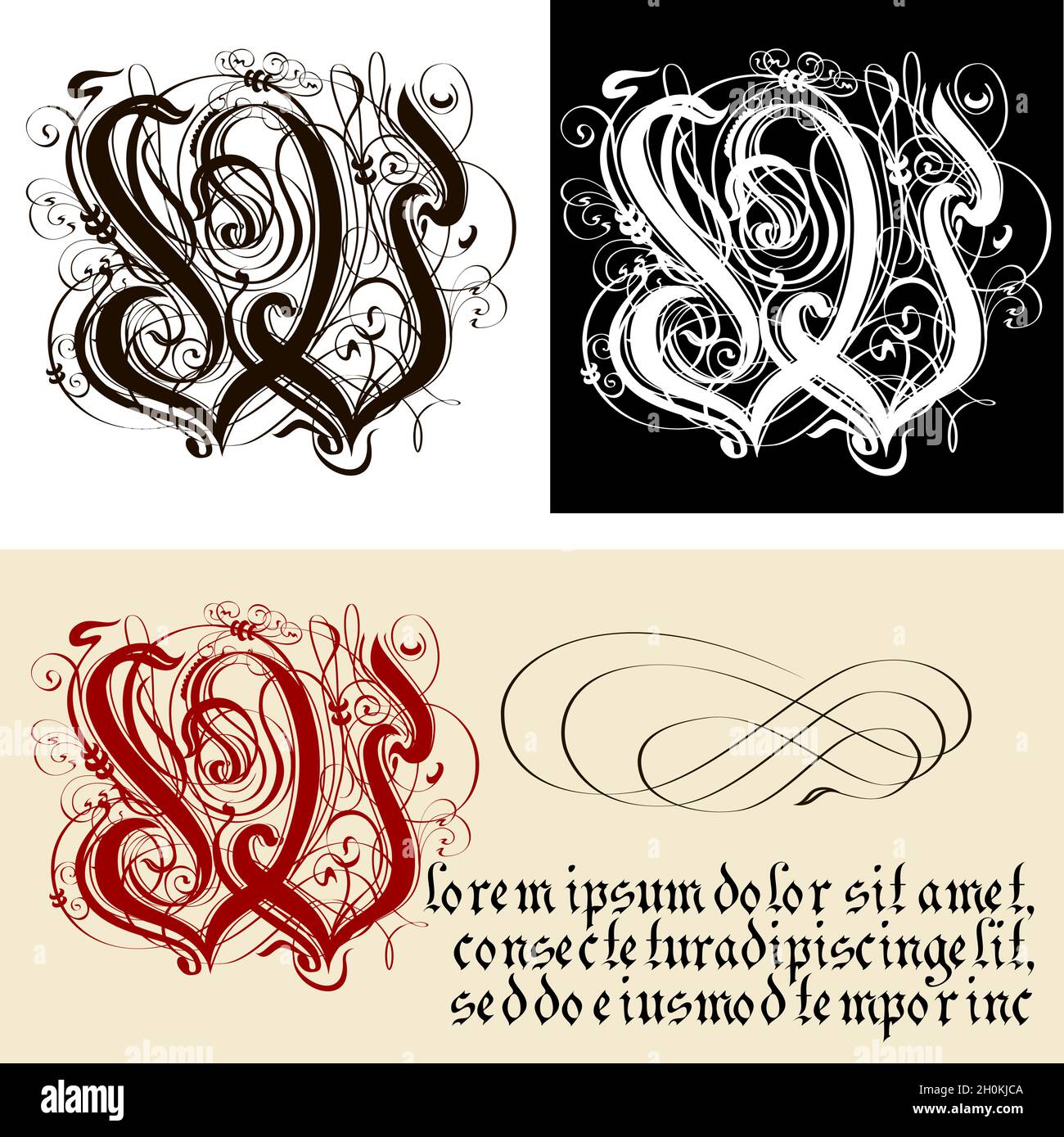 Lettre gothique décorative W. uncial Fraktur calligraphie.Vector EPS-8 séparé par des groupes et des calques pour une édition facile. Illustration de Vecteur