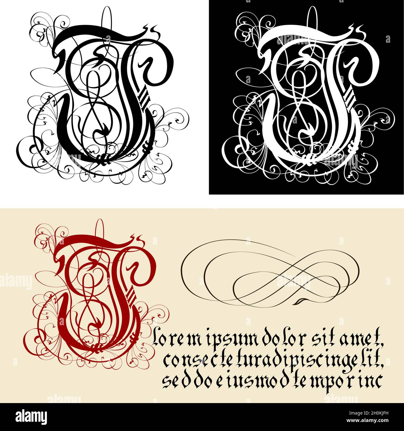 Décoration gothique lettre J. uncial Fraktur calligraphie.Vector EPS-8 séparé par des groupes et des calques pour une édition facile. Illustration de Vecteur