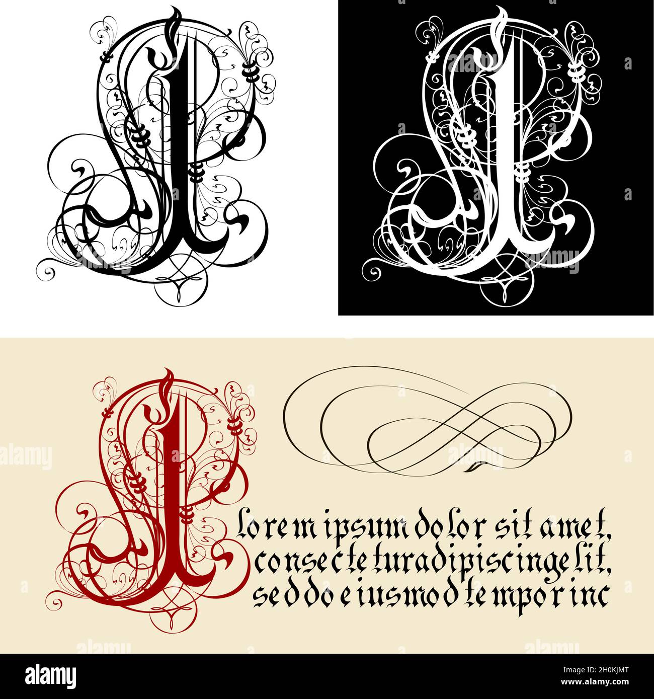 Lettre gothique décorative I. uncial Fraktur calligraphie.Vector EPS-8 séparé par des groupes et des calques pour une édition facile. Illustration de Vecteur