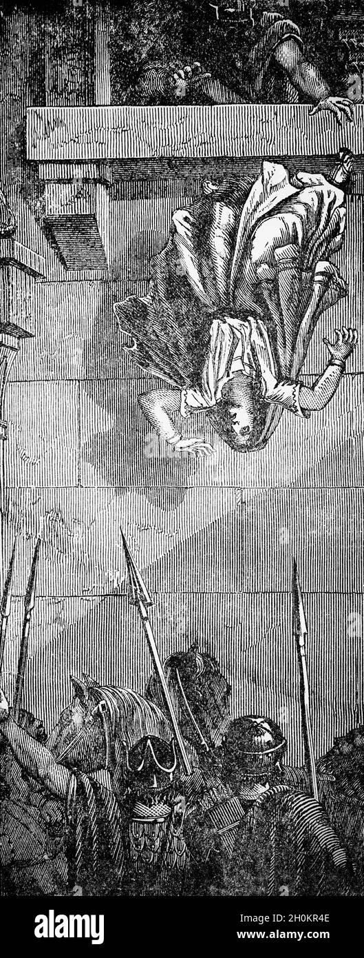 Illustration de la fin du XIXe siècle du Livre des Rois, dans l'ancien Testament, de la mort de Jézabel.Elle était l'épouse d'Achab, roi d'Israël, qui tous deux ont institué l'adoration de Baal et d'Asherah à l'échelle nationale et ont violemment purgé les prophètes d'Israël.Pour ces délits, Jehu, le dixième roi du Royaume d'Israël du nord, a tué le roi Jehoram, puis a confronté Jezebel à Jézreel et l'a enjoint à ses eunuques de la tuer en la jetant par la fenêtre.Ils s'y conforment, en la jetant par la fenêtre et en la laissant dans la rue pour être mangée par les chiens. Banque D'Images