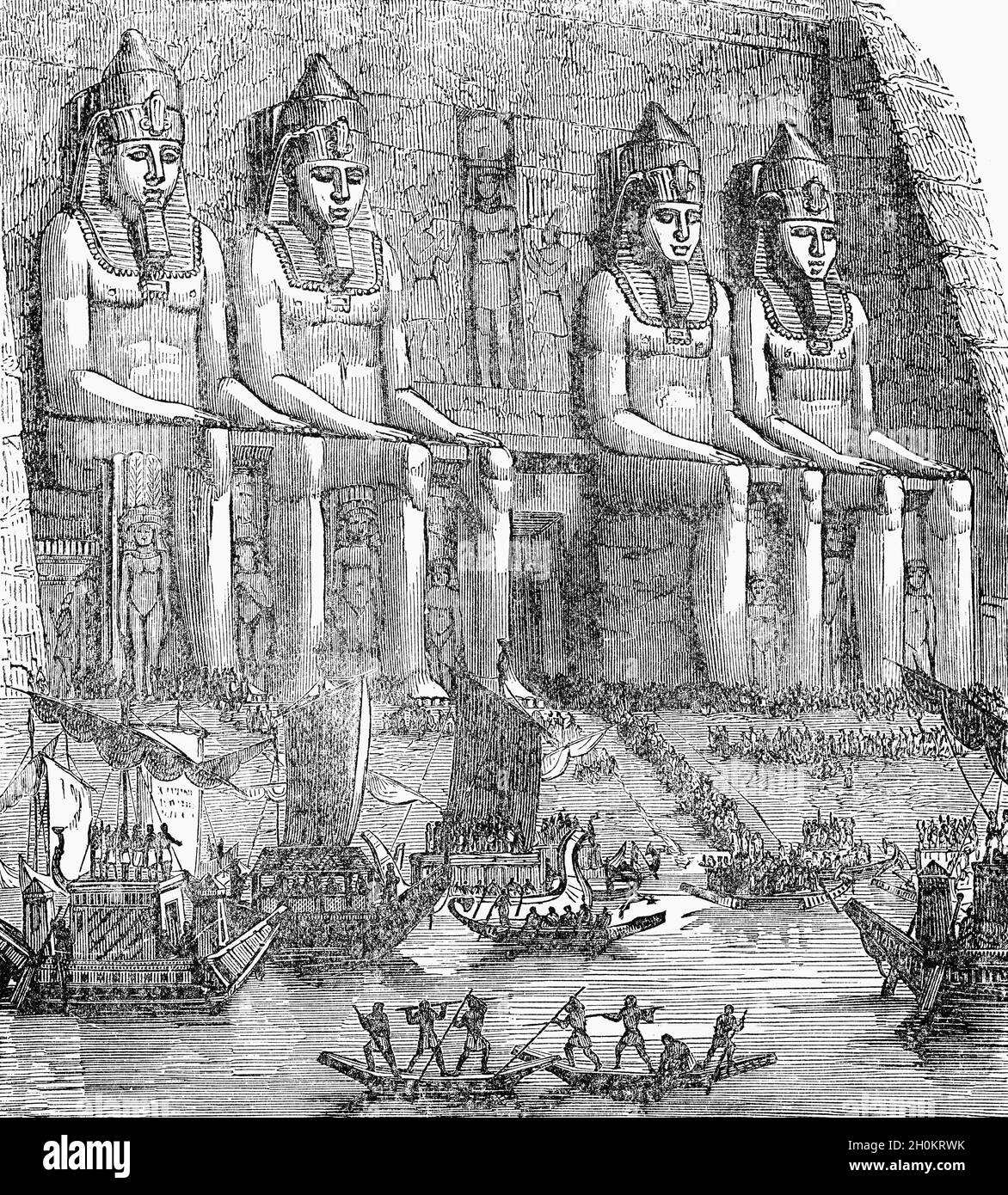 Une illustration de la fin du XIXe siècle d'Abu Simbel est deux temples massifs de roche dans le village d'Abu Simbel en haute-Égypte sur la rive du Nil.Temples jumeaux, ils ont été à l'origine sculptés hors du flanc de montagne au 13ème siècle avant JC, pendant le 19ème règne de la dynastie des Ramesses Pharaon IIIls servent de monument durable au roi Ramsès IISa femme Nefertari et ses enfants peuvent être vus en plus petits chiffres par ses pieds, considérés comme étant de moindre importance et n'ont pas reçu la même position d'échelle. Banque D'Images