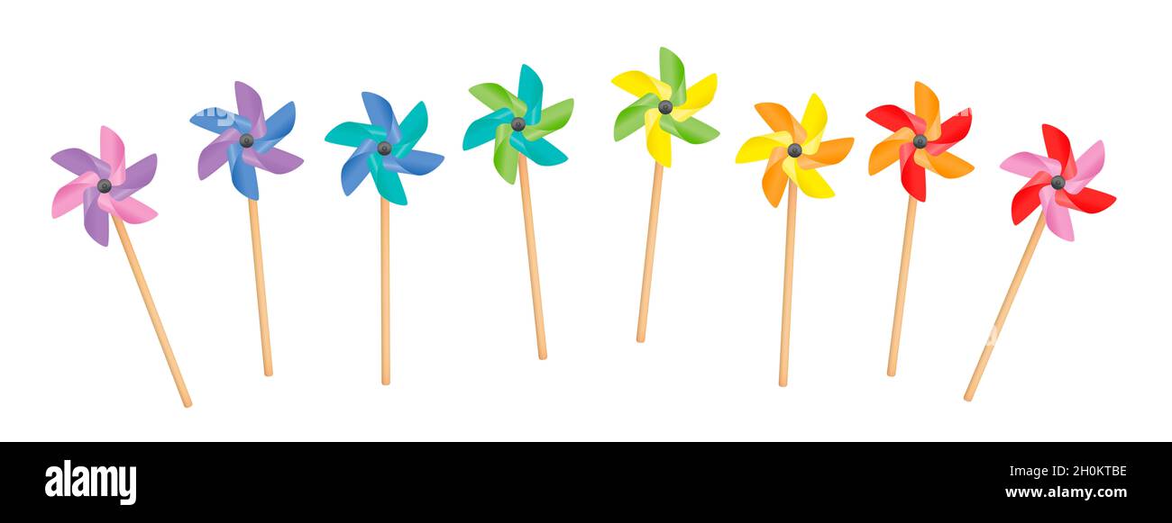 Pinwels - ensemble arc-en-ciel coloré, peu disposés, jouets tournants avec des bâtons en bois - illustration sur fond blanc. Banque D'Images