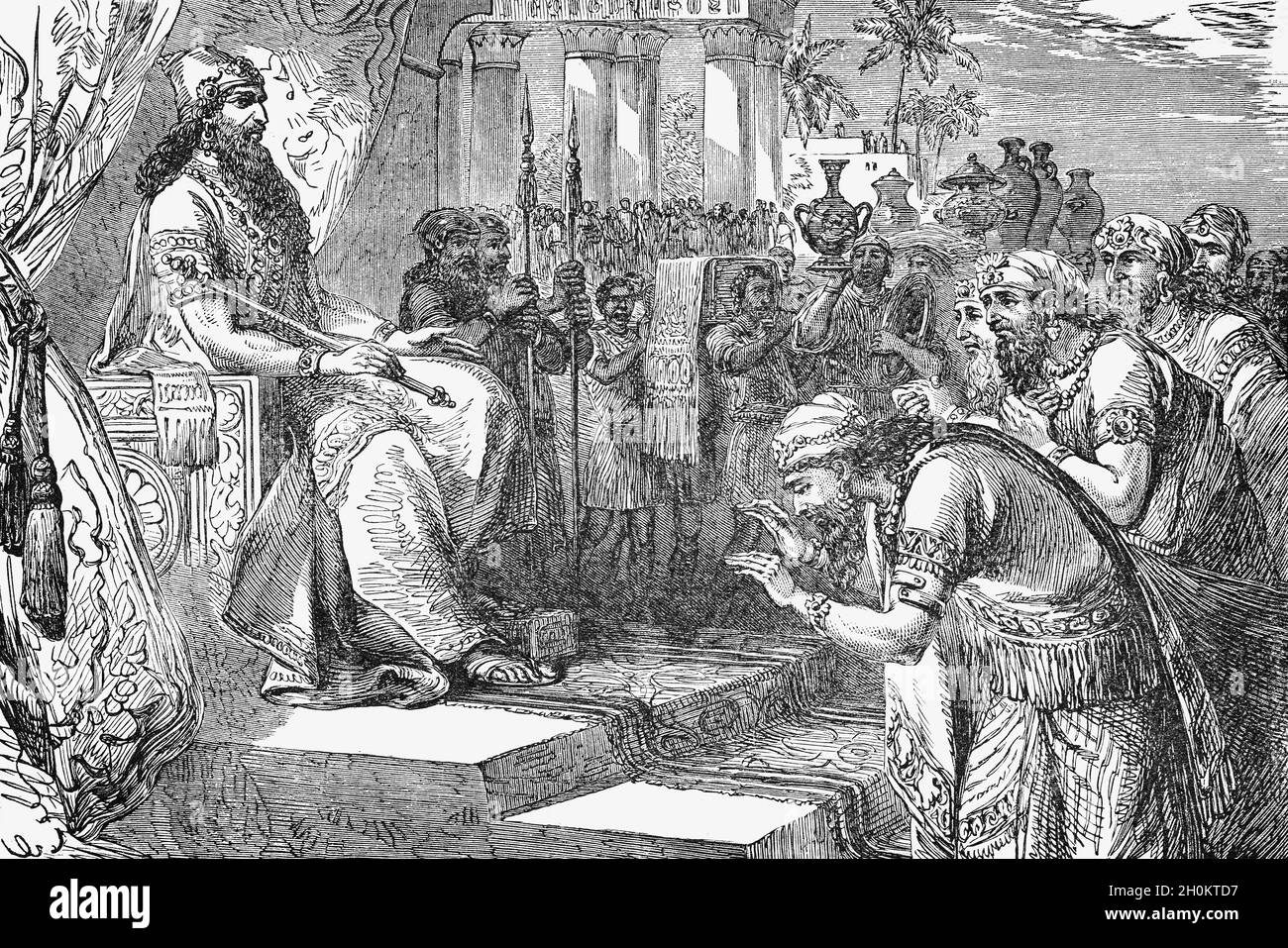 Illustration de la fin du XIXe siècle du Livre des Rois, dans l'ancien  Testament, du roi Salomon recevant les envoyés des nations tributaires.Il  régna sur tous les royaumes, de l'Euphrate au pays