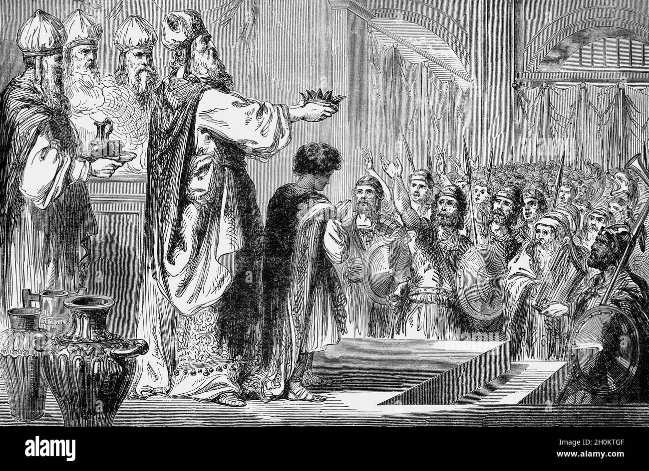 Une illustration de la fin du XIXe siècle des Livres des Rois et des chroniques, dans l'ancien Testament, de la promantion et du couronnement de Joas, huitième roi de Juda, et de l'unique fils survivant d'Achazia après le massacre de la famille royale ordonné par sa grand-mère, Athalia.Il avait 7 ans quand son règne commença, et il régna pendant 40 ans. Banque D'Images