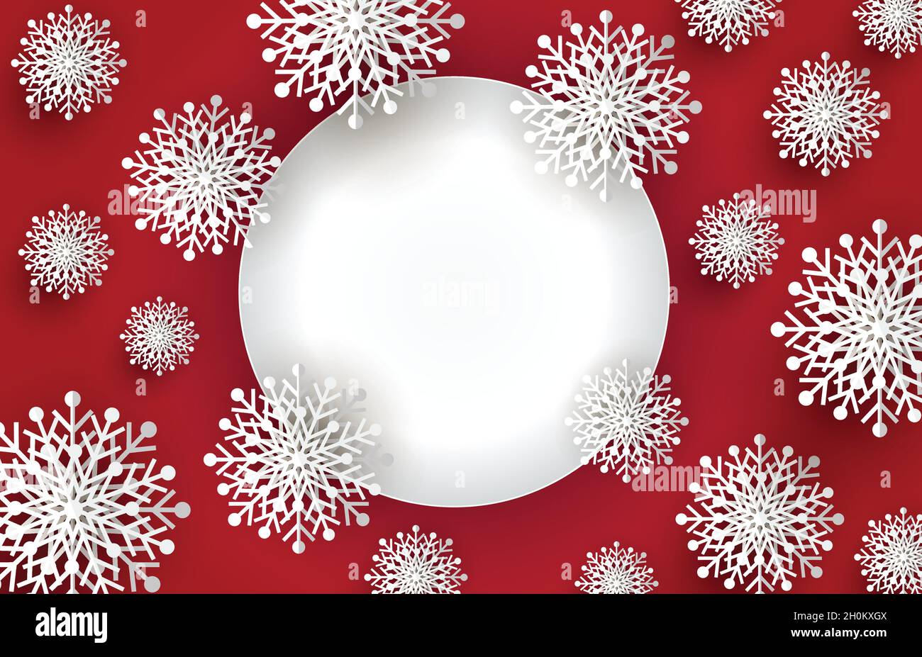 Illustration vectorielle de Noël en arrière-plan de style coupe de papier.Bannière rouge de Noël en forme de flocon de neige. Illustration de Vecteur