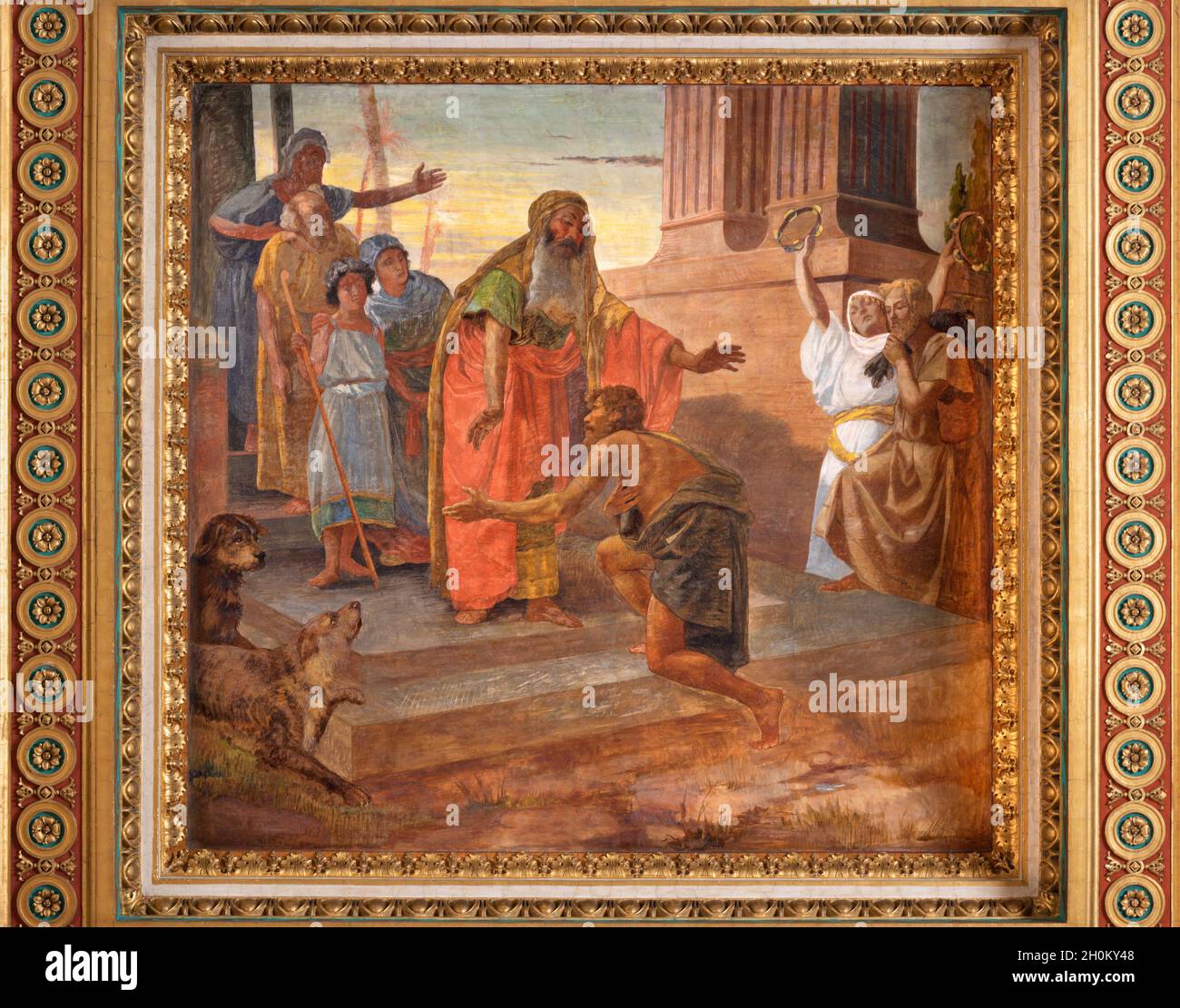 ROME, ITALIE - 31 AOÛT 2021 : la fresque de plafond de la parabole de Prodigal fils dans l'église Chiesa del Sacro Cuore di Gesù par Virginio Monti. Banque D'Images