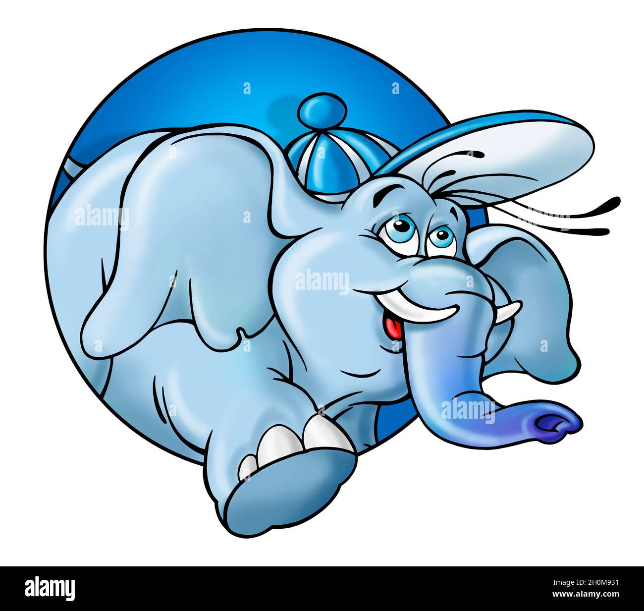 Dessin d'un éléphant bleu souriant, mascotte, personnage de dessin animé Banque D'Images