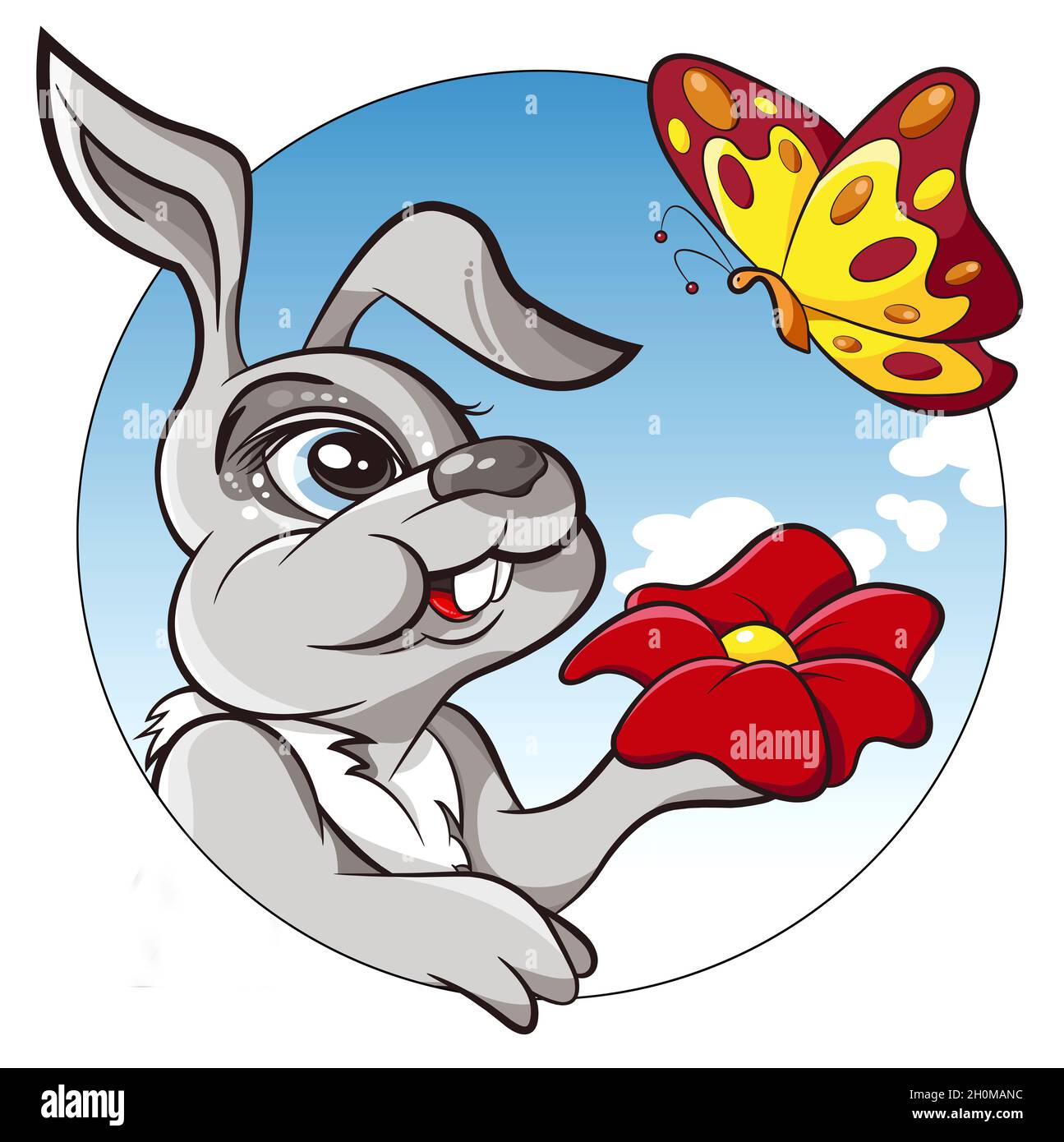 Lapin et papillon, une jolie et belle image de créatures dans la nature Banque D'Images