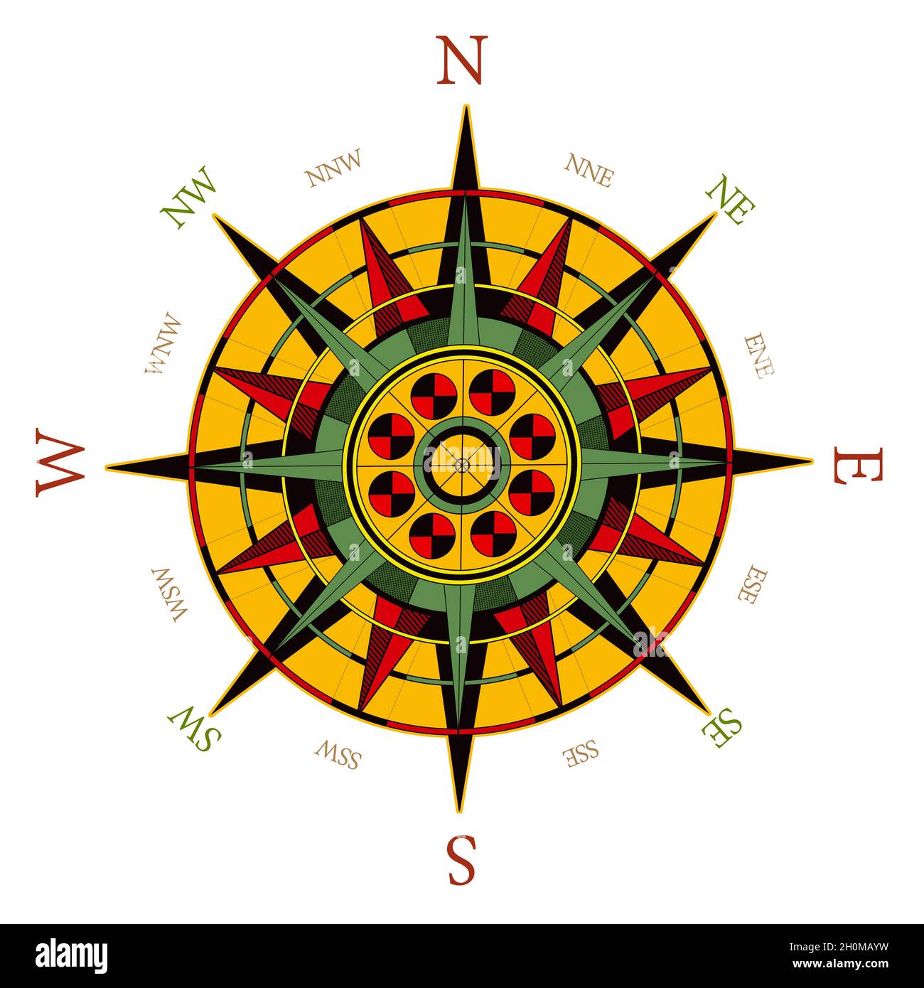 Dessin vintage d'une rose éolienne avec des côtés marqués du monde Banque D'Images