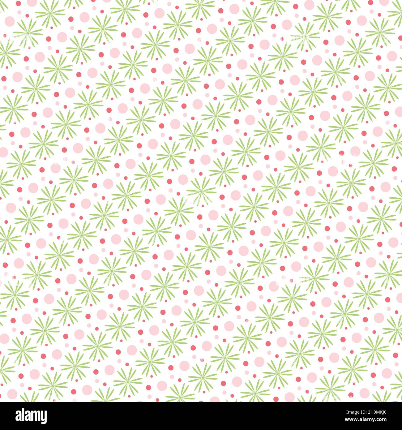 Motif sans couture avec points roses et fleurs vertes sur fond blanc. Banque D'Images