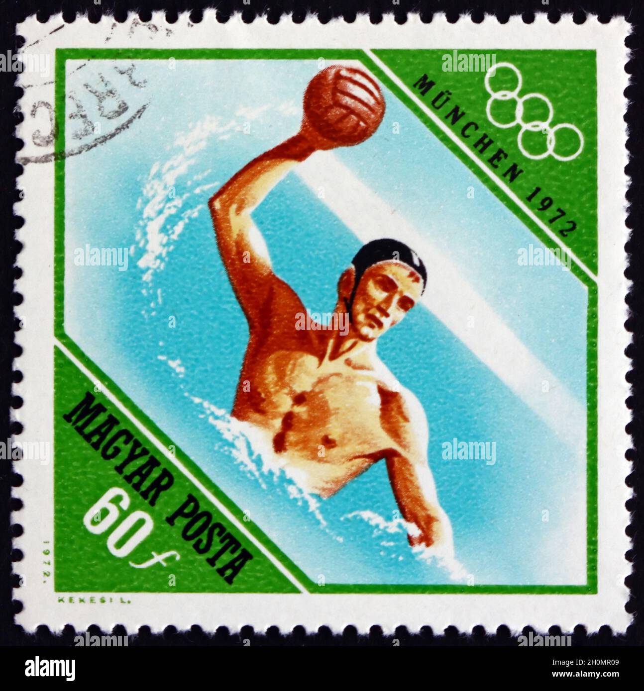 HONGRIE - VERS 1972: Un timbre imprimé en Hongrie montre Water Polo, Water Sport, 20e Jeux Olympiques, Munich, vers 1972 Banque D'Images