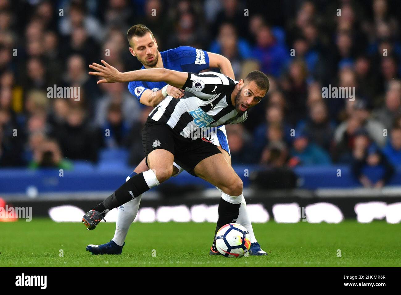 Morgan Schneiderlin d'Everton et Islam Slimani de Newcastle United se battent pour le ballon Banque D'Images