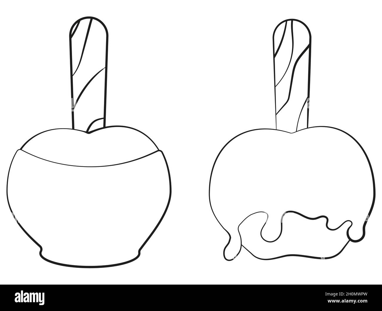 Icône représentant une pomme caramélisée dessinée à la main, isolée sur fond blanc.Illustration vectorielle monochrome ligne noire. Illustration de Vecteur