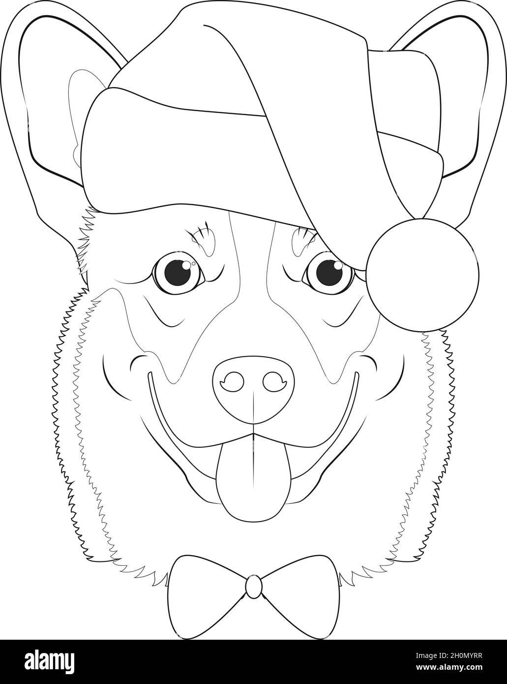 Carte de vœux de Noël à colorier.Chien Corgi Pembroke gallois avec chapeau de père Noël et noeud papillon Illustration de Vecteur