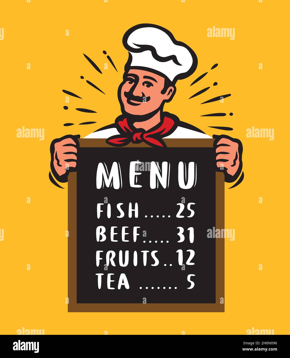 Le chef présente le menu du restaurant à bord.Illustration vectorielle de dessin animé Food concept Illustration de Vecteur
