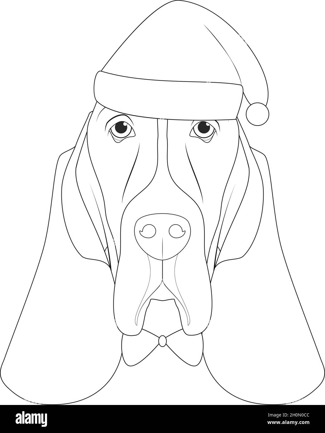 Carte de vœux de Noël à colorier.Chien courant avec chapeau de père Noël et noeud papillon Illustration de Vecteur