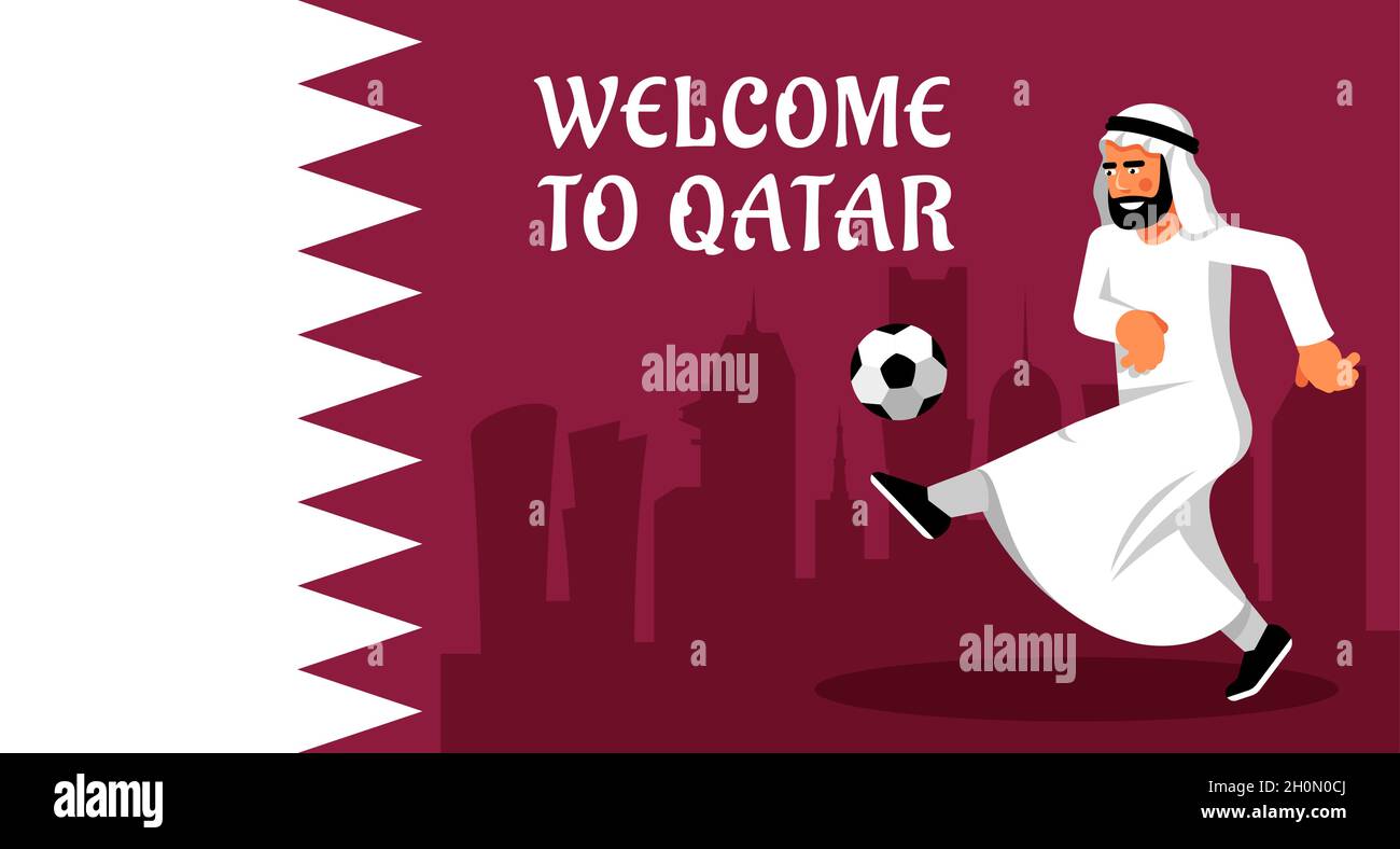 Homme arabe avec ballon de football sur fond de drapeau du Qatar Illustration de Vecteur