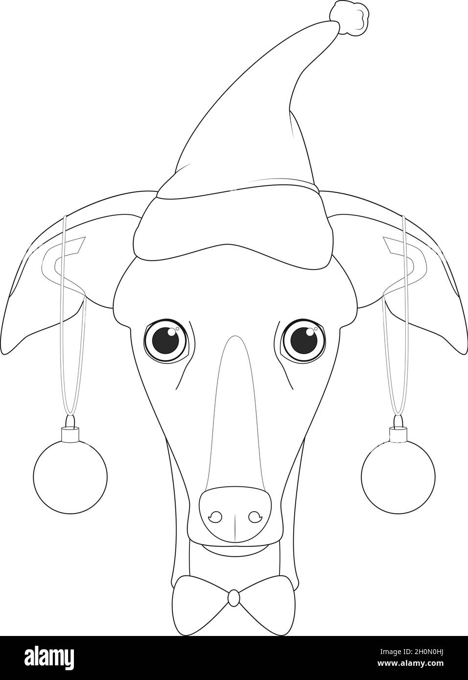 Carte de vœux de Noël à colorier.Lévrier avec chapeau de père Noël et balles de Noël Illustration de Vecteur