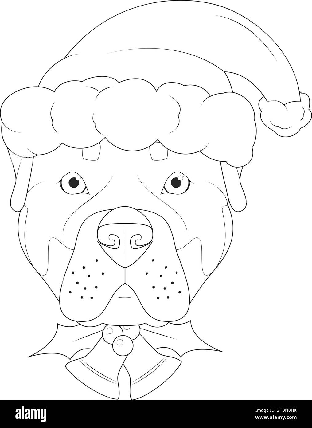 Carte de vœux de Noël à colorier.Chien rottweiler avec chapeau de Père Noël et cloches de Noël Illustration de Vecteur